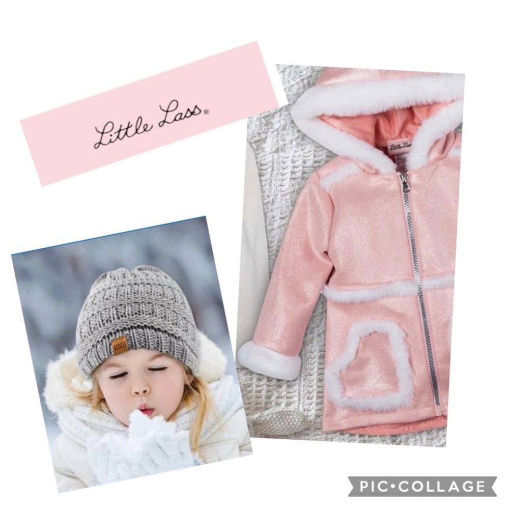 LITTLE LASS SPARKLE PINK FAUX FUR TRIM JACKET & REDESS FAUX FUR LINED BEANIE